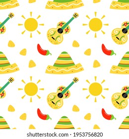 Colorful mexican vector seamless pattern background for Cinco de Mayo design with sombrero hat, guitars, sun, chili peppers and nacho chips.

