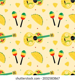 Colorful mexican vector seamless pattern background with maracas, guitars, nacho chips and tacos for Cinco de Mayo and festive design.

