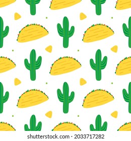 Colorful mexican vector seamless pattern background with cactus, tacos and nacho chips.