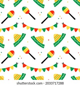 Colorful mexican vector seamless pattern background for Cinco de Mayo festive design with maracas, sombrero hats and garlands.
