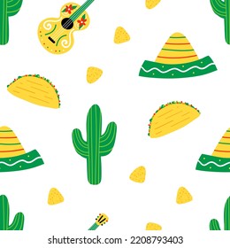 Colorful mexican vector seamless pattern background with guitars, cactus, sombrero, nacho chips, tacos.
