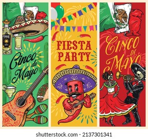 Pancartas coloridas verticales vintage mexicanas con inscripción, chile chile divertido tocando la guitarra, skeleton con trompeta, bailarín muerto vestido, bandera nacional con diseño, tequila y