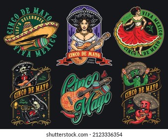 Colorful Mexican vintage badges collection with sombrero, maraca, young woman with guitar, girl in dress dancing, siny cactus and red chili pepper playing maracas and guitar, vector illustration