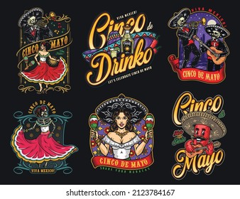 Colorful Mexican vintage emblems collection with skeleton trumpeter, dancer in dress, girl with maracas, chili pepper playing guitar, vector illustration