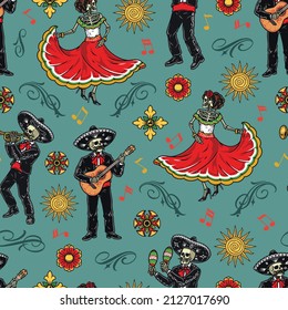 Colorful Mexican vintage seamless pattern with mariachi skeletons in charro outfits playing musical instument, dead woman in dress dancing against background with curl elements, decorative ornaments