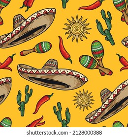 Colorful Mexican vintage seamless pattern with sombrero with triangle ornaments, maracas, chili peppers, cactuses and sun, vector illustration