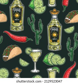 Colorful Mexican vintage seamless pattern with tequila bottle with sombrero cork, spiny cactus, hot chili pepper, lime, taco, margarita glass and shot with salt on rim, vector illustration