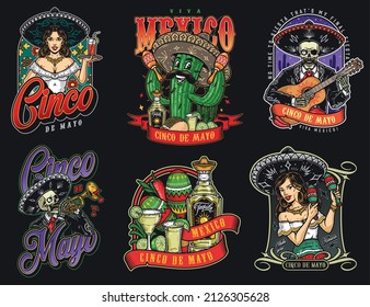 Colorful Mexican vintage stickers set with waitress carrying cocktail, mustached cactus shaking maracas, skeleton trumpeter and guitarist, tequila drinks, vector illustration