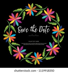 Colorful Mexican Wedding Invitation. Textile Embroidery Style from Tenango, Hidalgo; México – Copy Space Floral Composition 