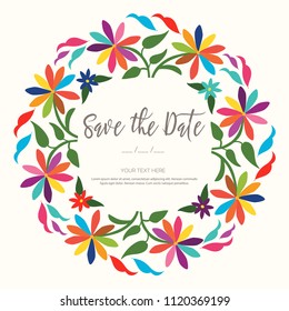 Colorful Mexican Wedding Invitation. Textile Embroidery Style from Tenango, Hidalgo; México – Copy Space Floral Composition