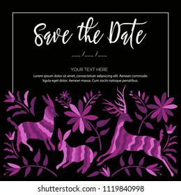 Colorful Mexican Wedding Invitation.Textile Embroidery Style from Tenango, Hidalgo; México – Copy Space Floral Composition with Forest Animals