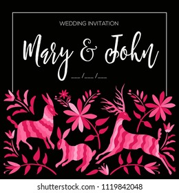 Colorful Mexican Wedding Invitation.Textile Embroidery Style from Tenango, Hidalgo; México – Copy Space Floral Composition with Forest Animals
