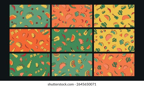 Colorful Mexican-themed illustration of tacos, peppers, skulls, and musical elements. Ideal for fiesta, food festivals, or cultural design content.