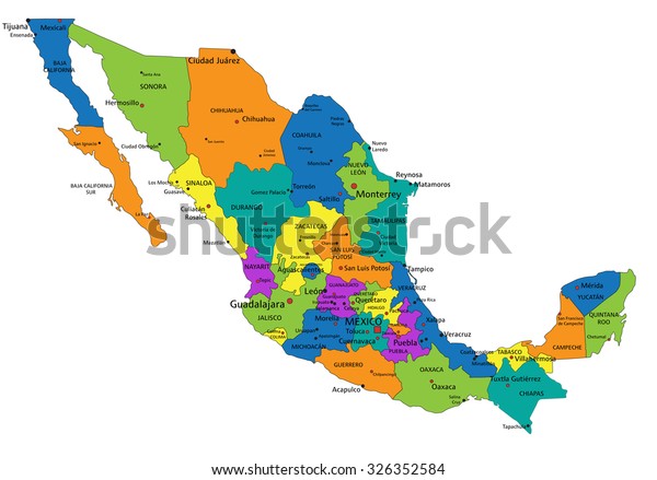 Colorful Mexico Political Map Clearly Labeled Stock Vector (Royalty ...
