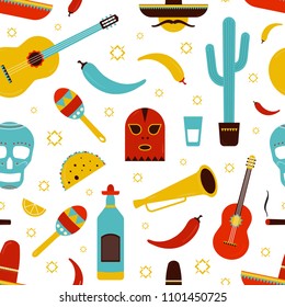 Colorful Mexico seamless pattern with traditional Mexican attributes on white background - tequila, chili pepper, sombrero, guitar, cactus, tacos, maracas, sugar skull. Cartoon vector illustration