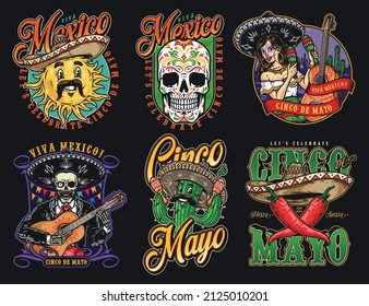 Colorida colección de emblemas vintage mexicanos con mujer en el sombrero sacudiendo maracas, cactus espinosos, pimientos chile cruzados, guitarrista esqueleto con un ojo, cráneo de azúcar, sol bigote, vector