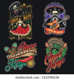 Emblemas coloridos mexicanos vintage con esqueleto bigotudo en sombrero tocando guitarra, danza femenina, mariachi con trompeta, cactus espinosos con maracas, ilustración vectorial