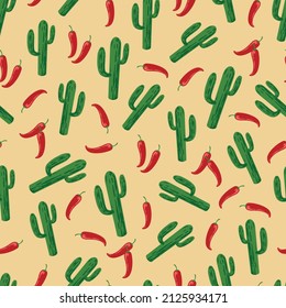 Colorful Mexico vintage seamless pattern with tall cactuses with stems and red chili peppers, vector illustration