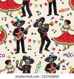 Colorful Mexico vintage seamless pattern with mariachi skeleton musicians playing guitar and trumpet, woman with rose in hair dancing against flag garlands background, vector illustration