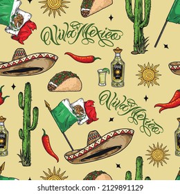 Colorful Mexico vintage seamless pattern with street taco, sombrero hat, red chili pepper, national flag, cactus, sun, tequila bottle and shot, vector illustration