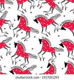 Colorful mezen horse. Vector seamless pattern.