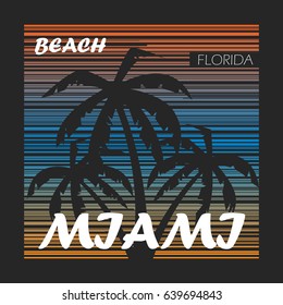 Colorful Miami label with text and palm silhouettes