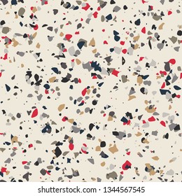 Colorful micro terrazzo pattern in red and neutral colors.  Huge random repeat.  Trendy seamless repeat vector pattern.