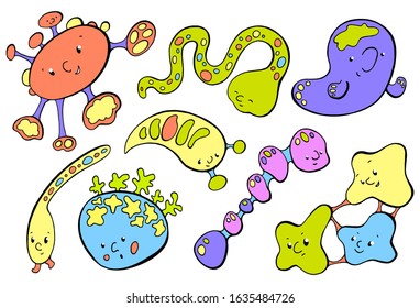 Colorful microbe characters vector illustration on white background. Monsters or aliens characters. Healthcare and hygiene for children. Infection bacteria or virus clipart. Smiling microorganism