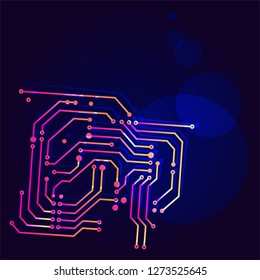 Colorful Microchip Technology Design Pattern. Pink and orange abstract art. Circuit board image. Computer processor micro chip. Abstract camera light glitches.