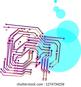 Colorful Microchip Technology Design Pattern. Pink and orange abstract art. Circuit board image. Computer processor micro chip. Abstract camera light glitches.