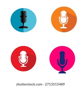 Conjunto de iconos de micrófono colorido que representa la grabación de audio, podcasting, música, transmisión, comunicación de voz y producción de medios.
