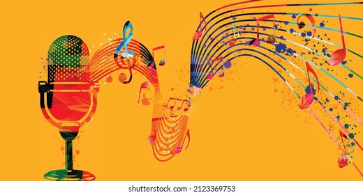 Colorful microphone with musical notes for live concert events, music festivals and shows, party flyers and invitations. Musical poster for club party, karaoke, podcast vector illustration