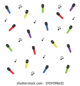 Colorful microphone pattern wallpaper with musical notes and white background