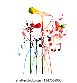 Colorful microphones with music notes isolated vector illustration design. Music background. Karaoke poster, music festival poster, live concert events, party flyer