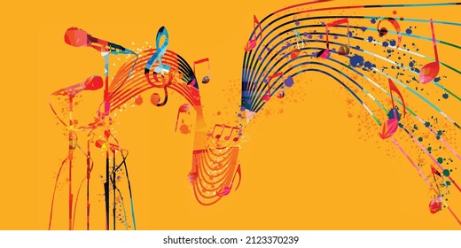 Micrófonos coloridos con notas musicales para jazz en vivo, blues, conciertos de rock, festivales y espectáculos musicales, folletos de fiestas e invitaciones. Afiche musical para la fiesta del club, ilustración vectorial de karaoke