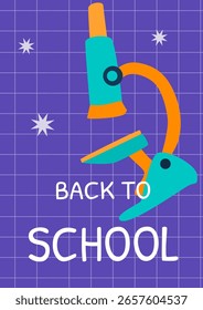 Ilustración colorida del microscopio con el tema de vuelta a la escuela en el fondo del papel del gráfico. Afiche educativo de la escuela con material escolar. Ideal para promociones escolares, ventas de temporada y clases