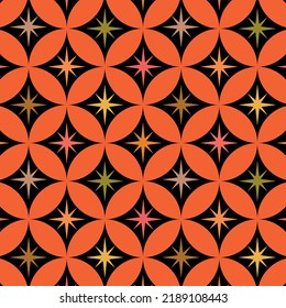 Colorful Mid Century Modern Atomic Starburst On Geometric Orange Circles. For Home Décor, Wallpaper, Retro Posters, Textile And Fabric