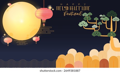 Ilustração colorida do Festival do Meio do outono com lua cheia brilhante, lanternas penduradas, colinas estilizadas e pinheiro em um fundo escuro do céu. Perfeito para saudações do festival ou banners de celebração.