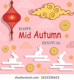 Colorful Mid-Autumn Festival illustration with red lanterns, moon rabbits, floral elements, and Chinese clouds on a pink background. Ideal for festive and cultural designs. Vector illustration.