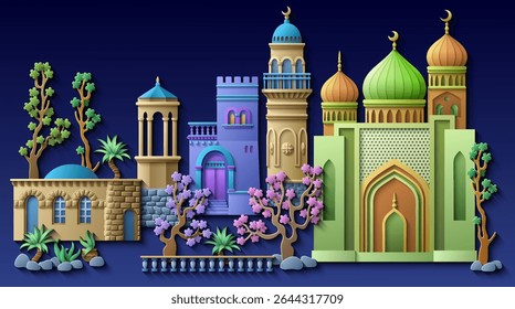 Colorful Middle Eastern cityscape in papercut style, featuring traditional houses, towers, domes, palm trees, and decorative elements. Vector illustration. Not AI