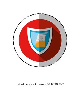 colorful middle shadow sticker with circle with shield and folder skull and bones
