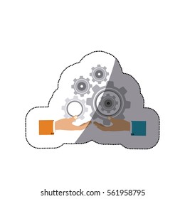 colorful middle shadow sticker with hands hold gear wheels