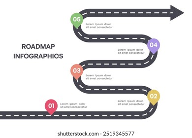 Infografía colorida de la hoja de ruta del hito con la flecha y cinco pasos, Ilustración vectorial