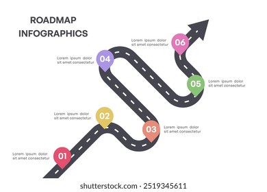 Roteiro de marco colorido Infográfico com seta e seis passos, ilustração de vetor