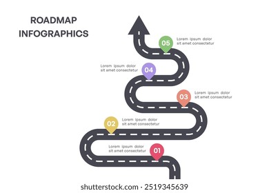 Infografía colorida de la hoja de ruta del hito con la flecha y cinco pasos, Ilustración vectorial
