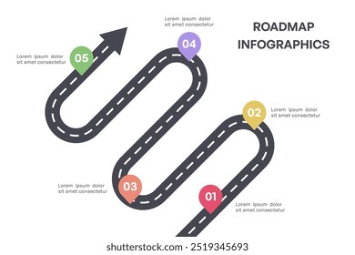 Infografía colorida de la hoja de ruta del hito con la flecha y cinco pasos, Ilustración vectorial
