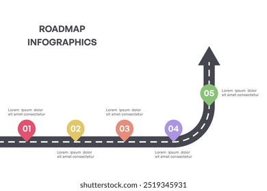 Infografía colorida de la hoja de ruta del hito con la flecha y cinco pasos, Ilustración vectorial