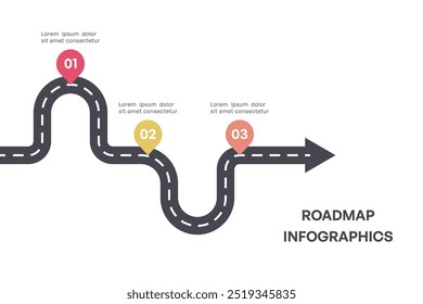 Infografía colorida de la hoja de ruta del hito con las flechas y tres pasos, Ilustración vectorial