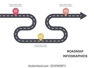 Infografía colorida de la hoja de ruta del hito con las flechas y tres pasos, Ilustración vectorial