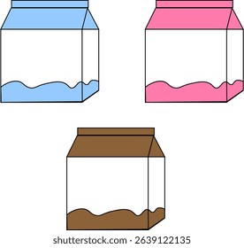 Colorful Milk Carton Vector Illustration – Hand Drawn Blue, Pink, and Brown Beverage Packaging for Dairy and Drink Design Projects